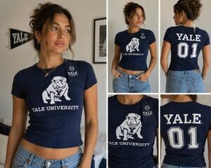 Yale University Baby Tee XS Navy Bulldog Graphic T-Shirt NWT Y2K Preppy Cotton